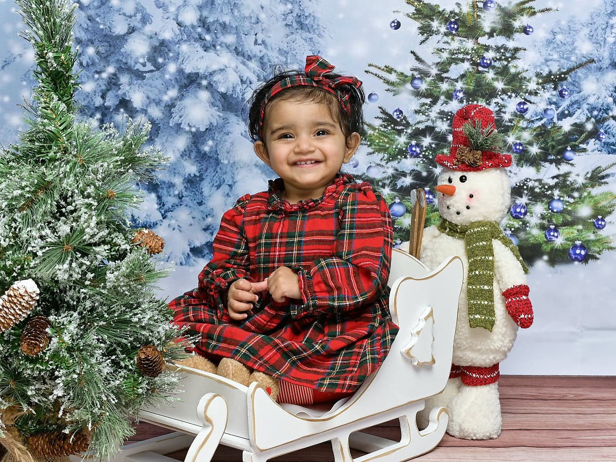 Photo of a baby sitting in a sleigh